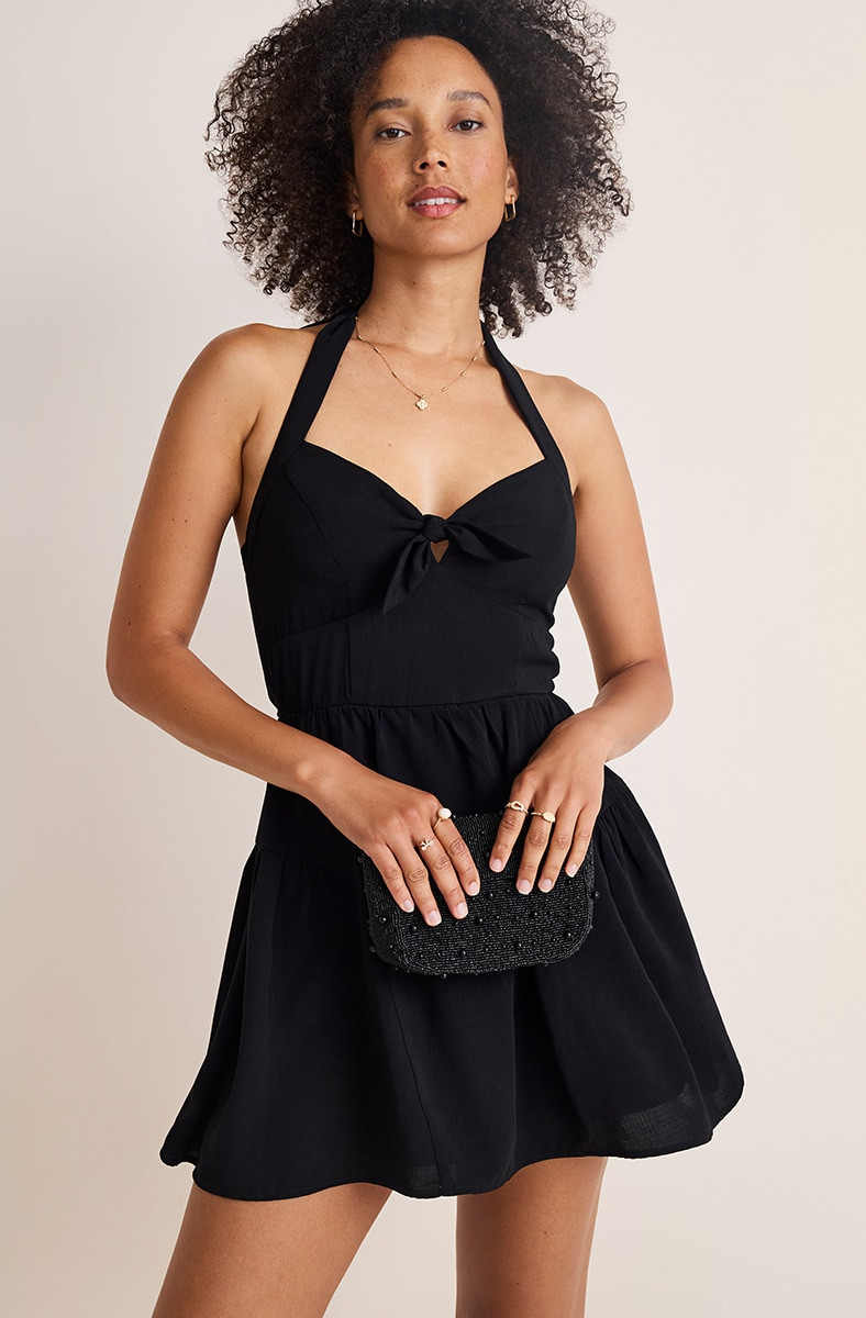 Tatum Tie Front Black Halter Mini Dress