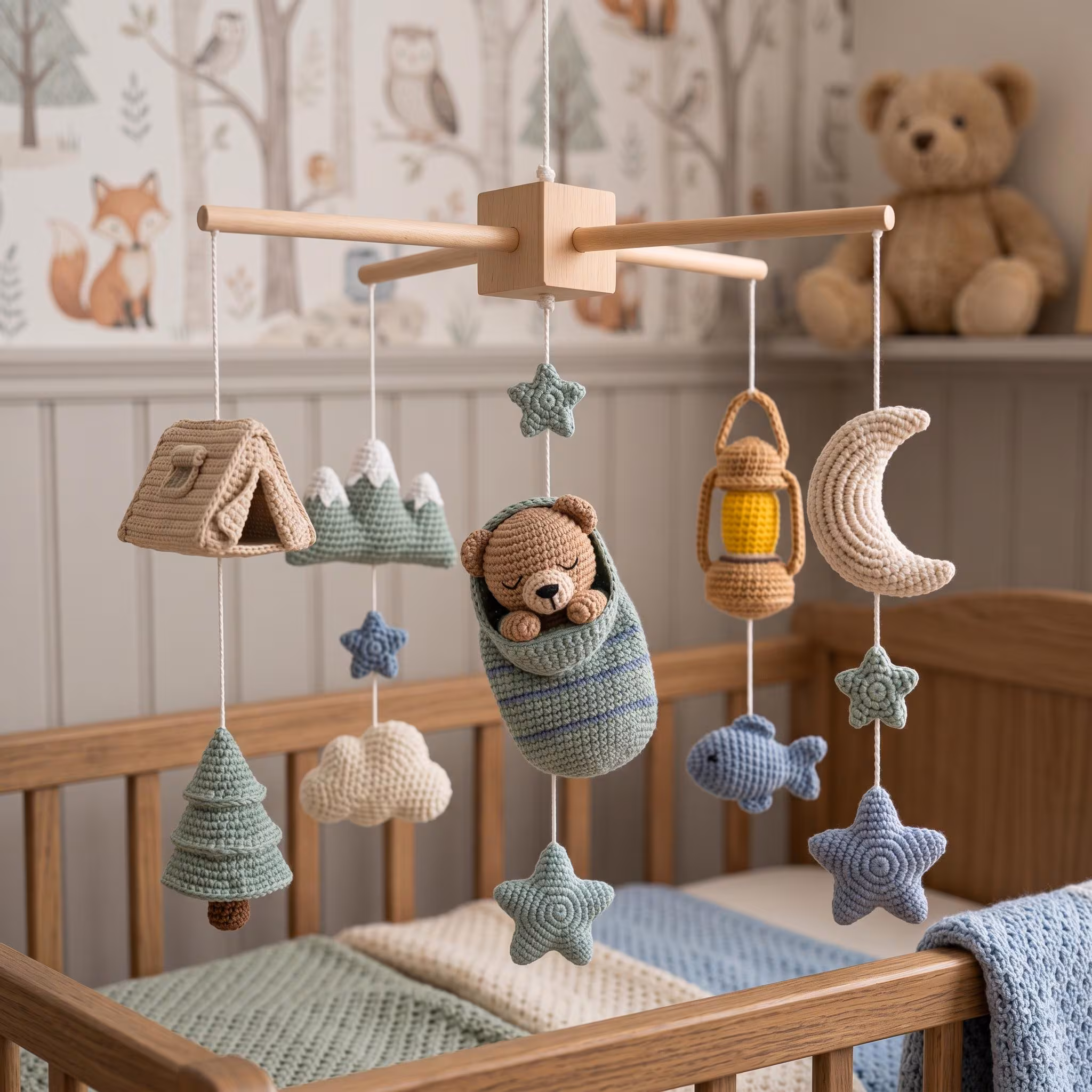 Handmade Camping Baby Mobile: Woodland Crib Mobile, Crochet Bear Nursery Mobile, Adventure Nursery Decor, Forest Baby Mobile Gift