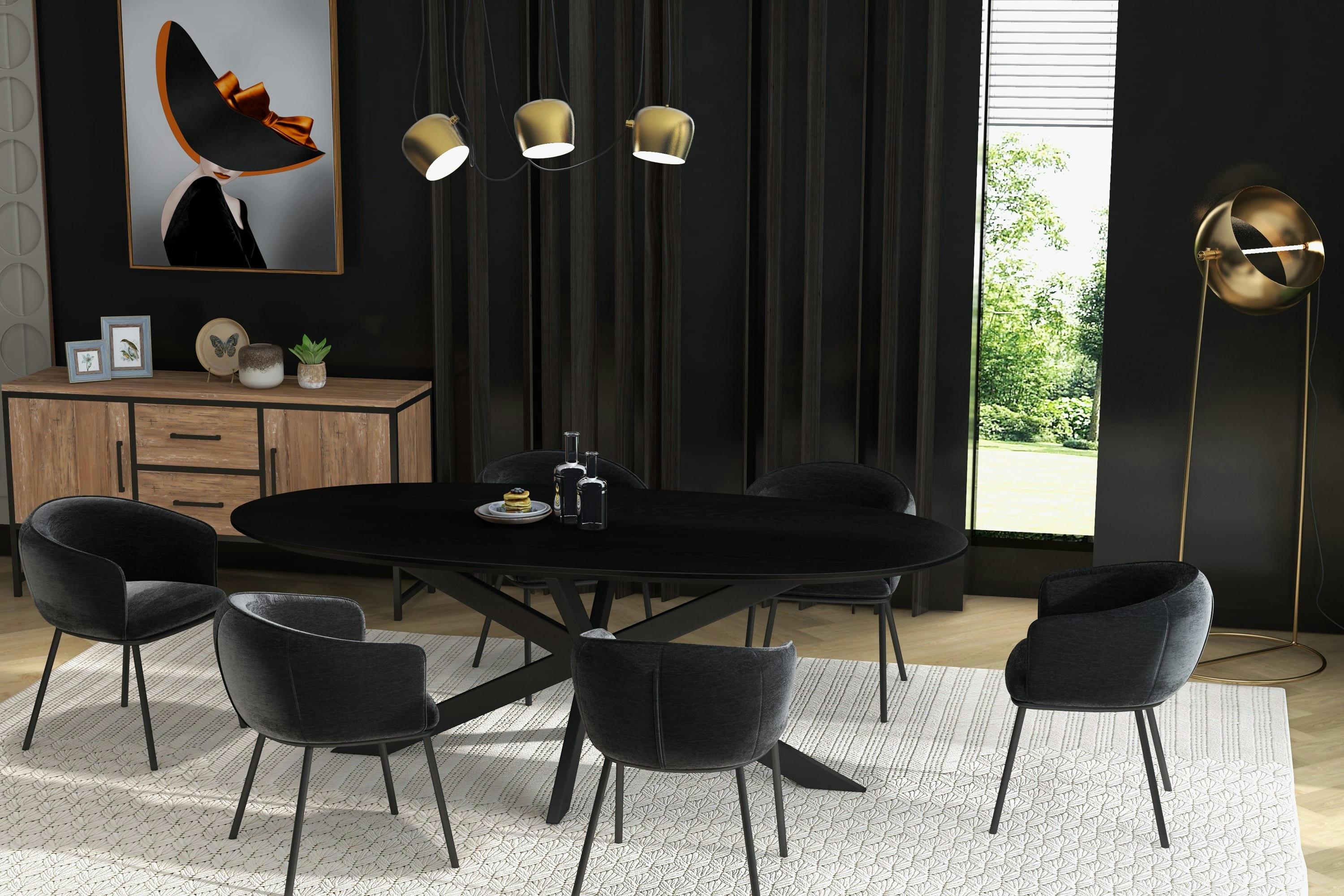 ALVIN - Fauteuil de table en tissu chenillé Noir et métal noir