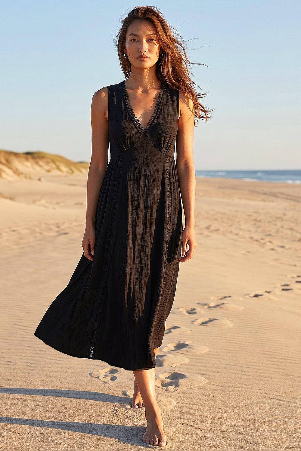 Roman Lace Trim V-Neck Midi Dress