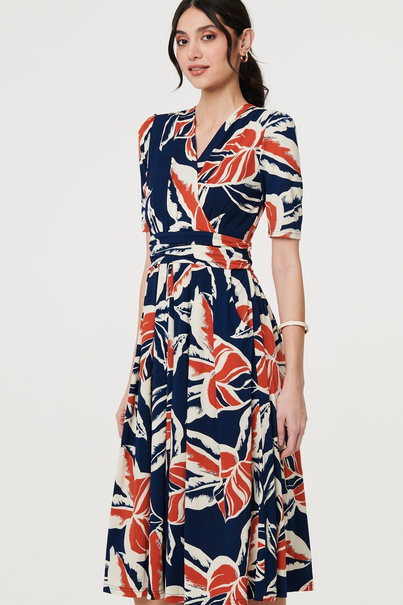 Izabel London Floral V-Neck Pleated Midi Wrap Dress