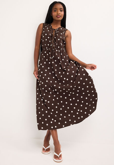 Womens Chocolate Polka Dot Tie Front Midi Dress
