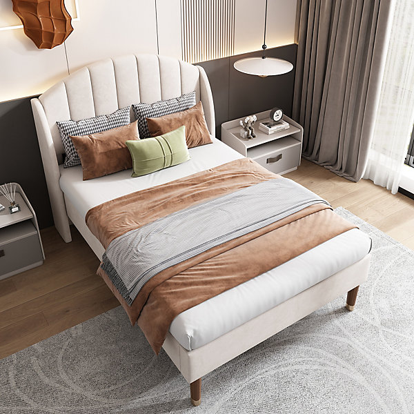 Lit 90x200 cm en velours beige avec tête de lit matelassée et sommier à lattes bois, design contemporain