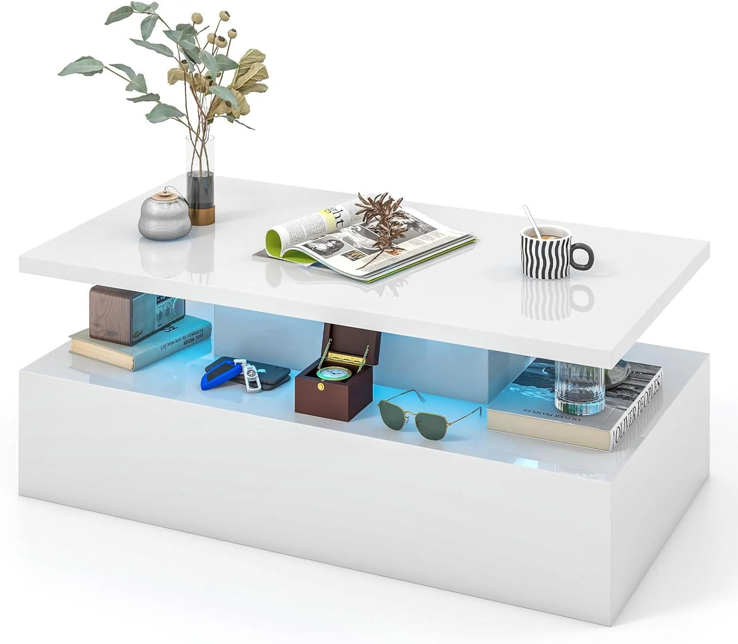 20-Color LED Modern High-Gloss Desk with Remote  Black Double-Layer Storage(White)