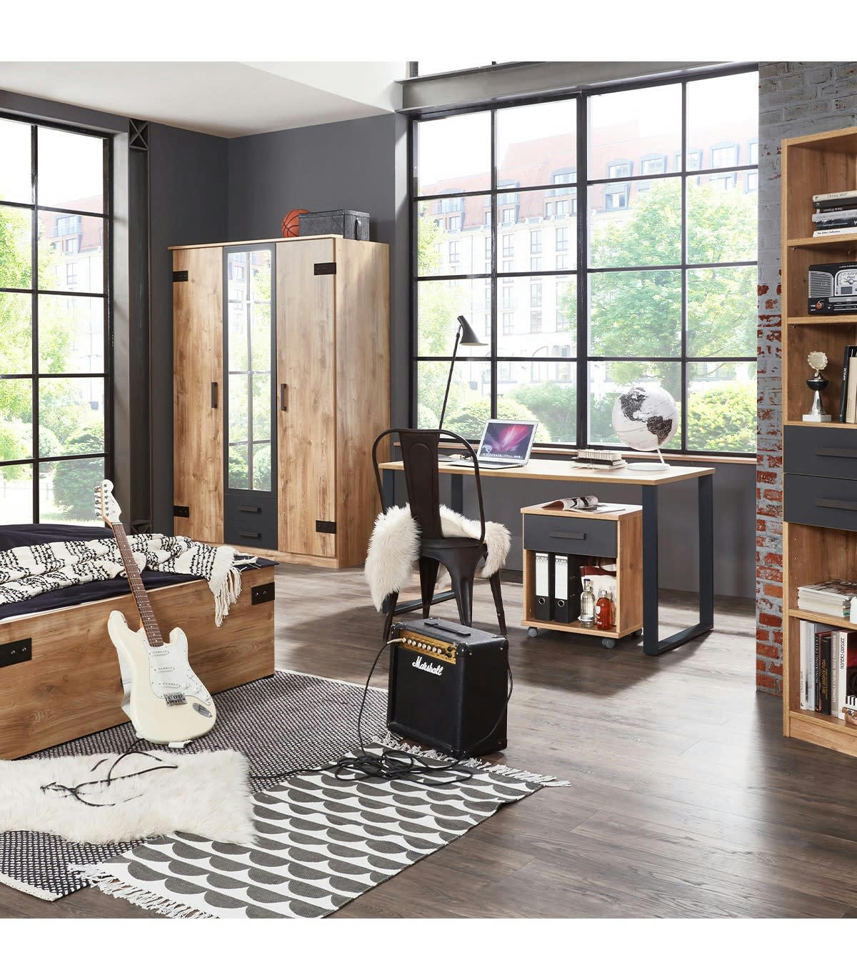 - Armoire 2 portes décor chêne 1 porte miroir et 2 tiroirs - H198 cm