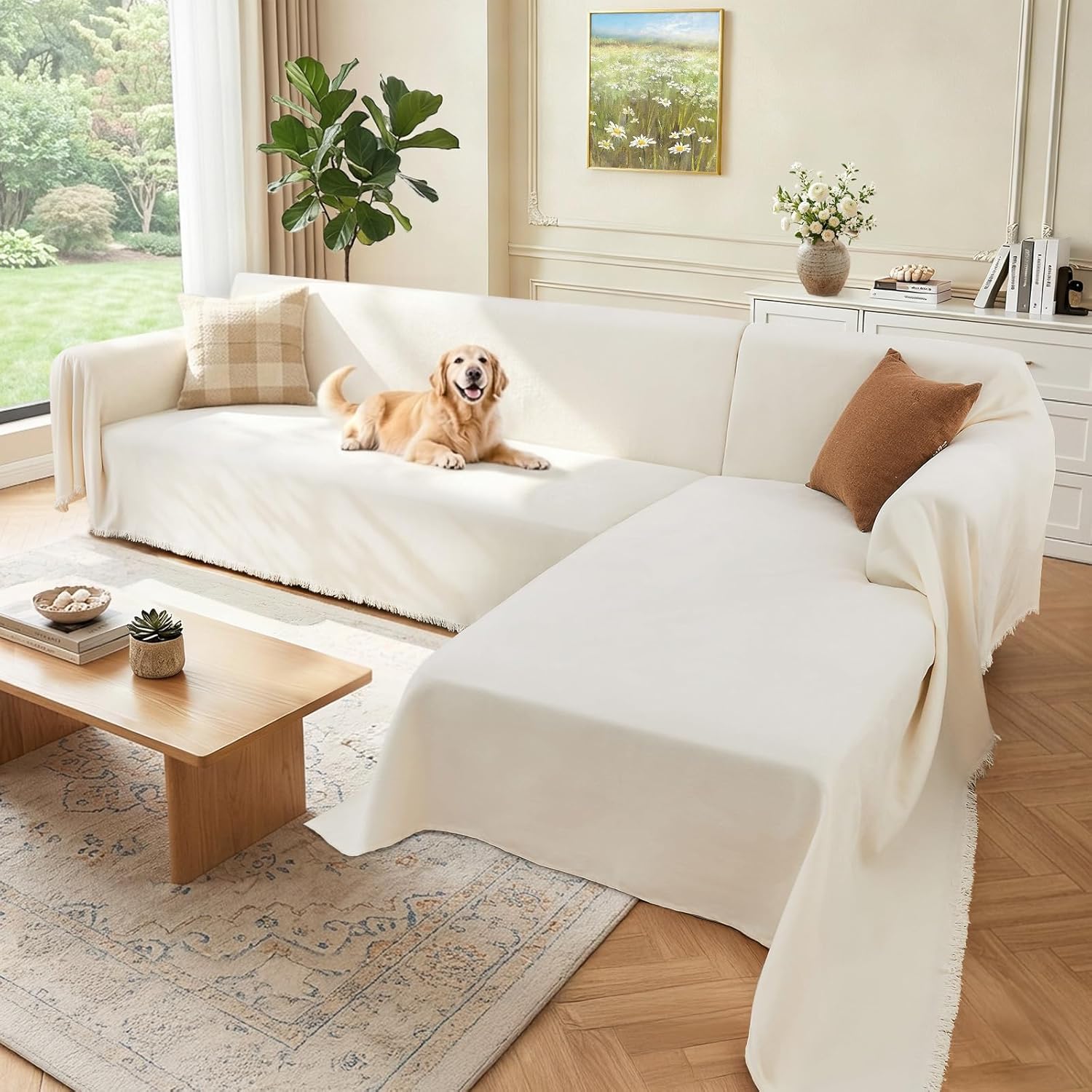 Sectional Couch Covers, 2 Pieces Washable L Shaped Couch Covers Sofa Blanket for Dogs Pet Friendly Sectional Sofa Slipcovers Furniture Covers,71x 118+ 71x 118,(XX-Large,Cream White)