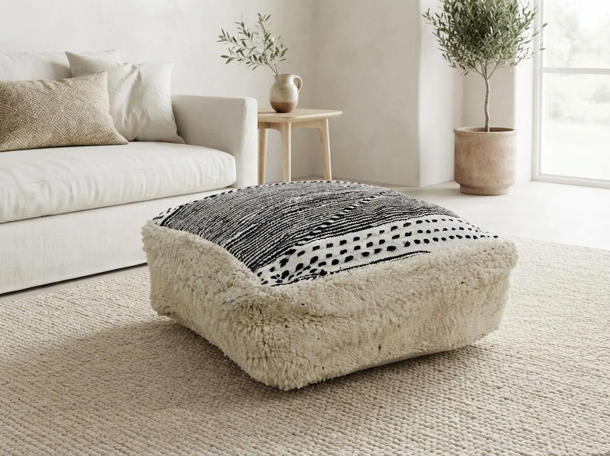 Vintage Moroccan Pouf Cover, Black Ivory Stripes, Boho Floor Pillow (60x60x20 cm)