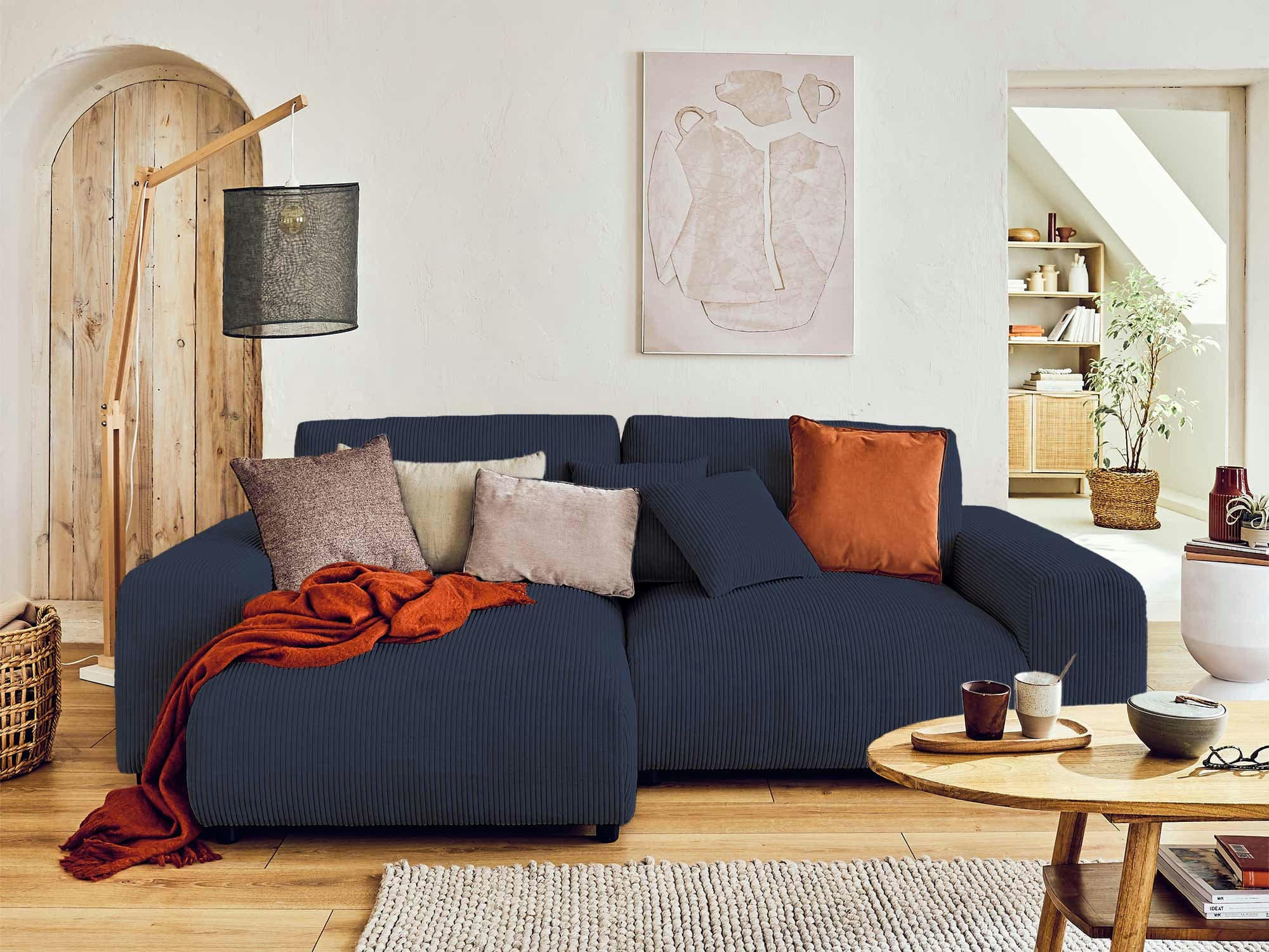 GARANCE - Canapé d'angle réversible 4 places en velours côtelé bleu nuit