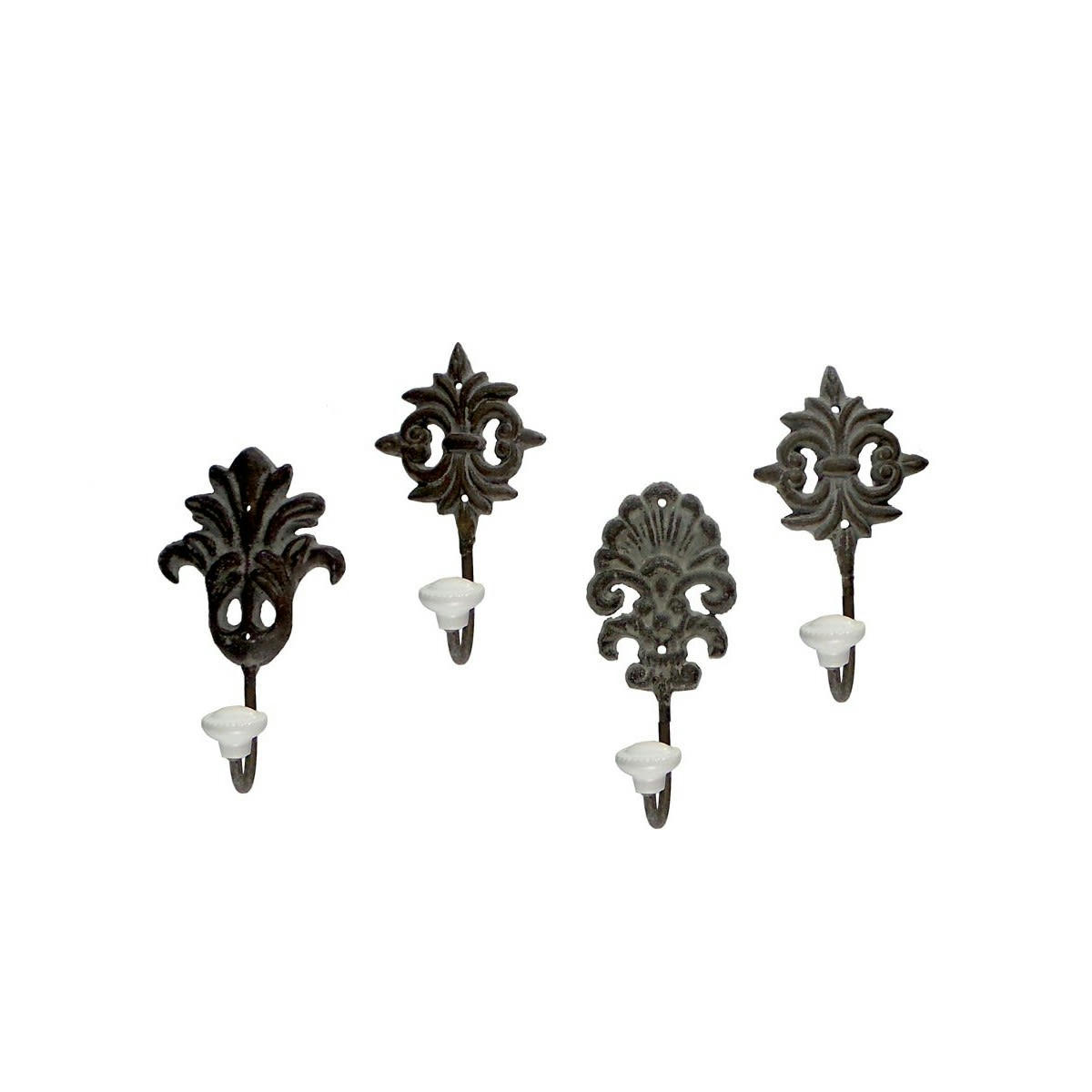 - Patères murales à l'ancienne en métal et céramique ornement - Lot de 4