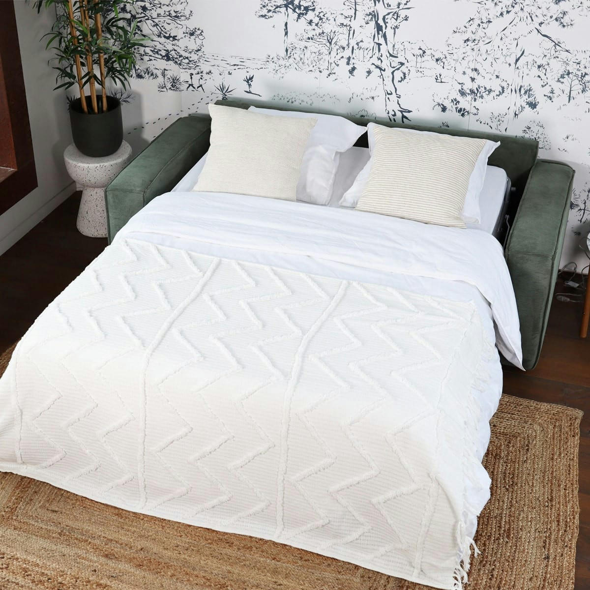 MATTIA - Canapé convertible 3 places en velours côtelé vert, ouverture express