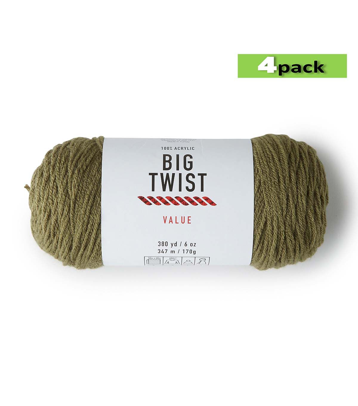 4pk Solid Olive Drab Medium Weight Acrylic 380yd Value Yarn by Big Twist