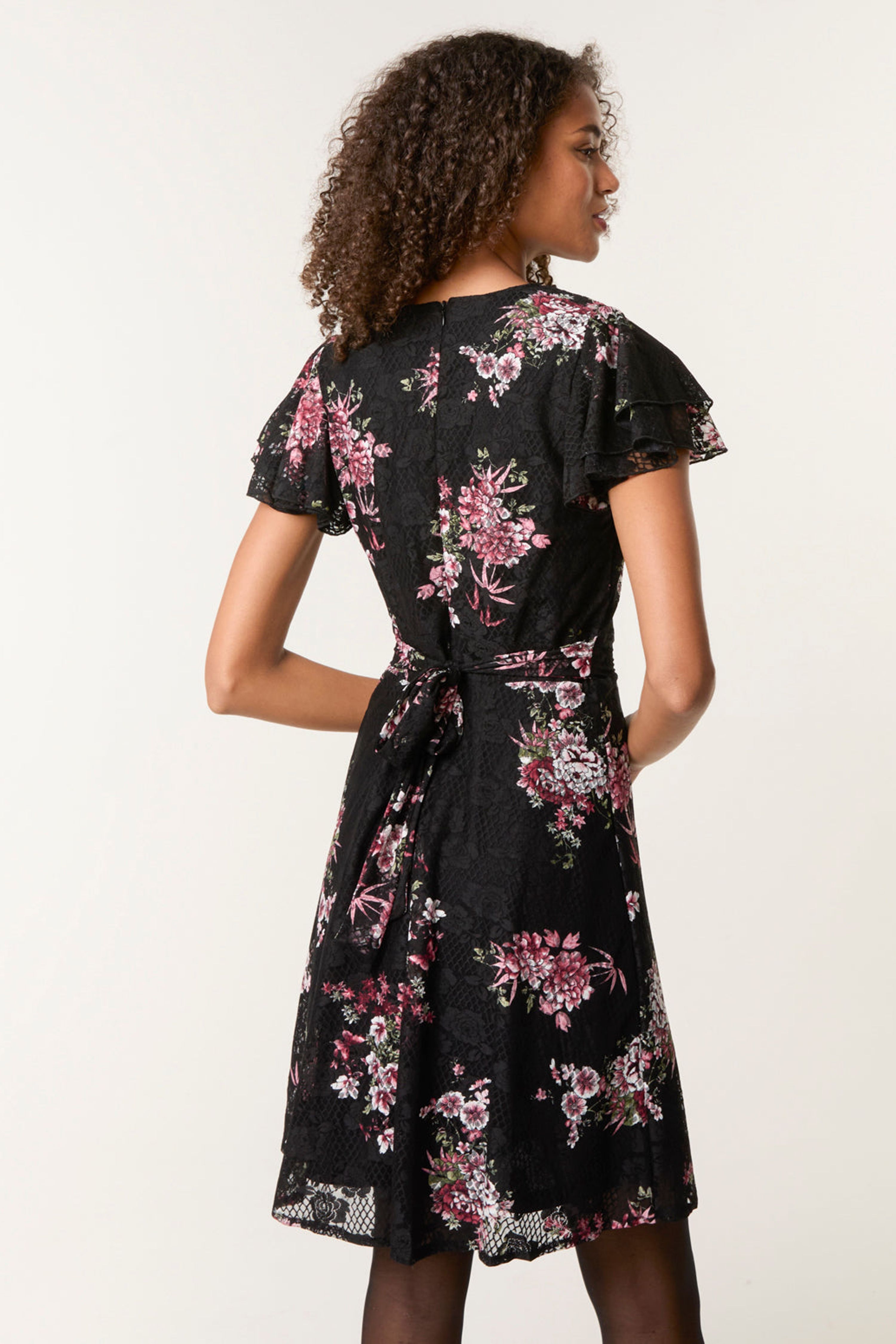 Blue Vanilla Black Floral Lace Mesh Frill Belted Mini