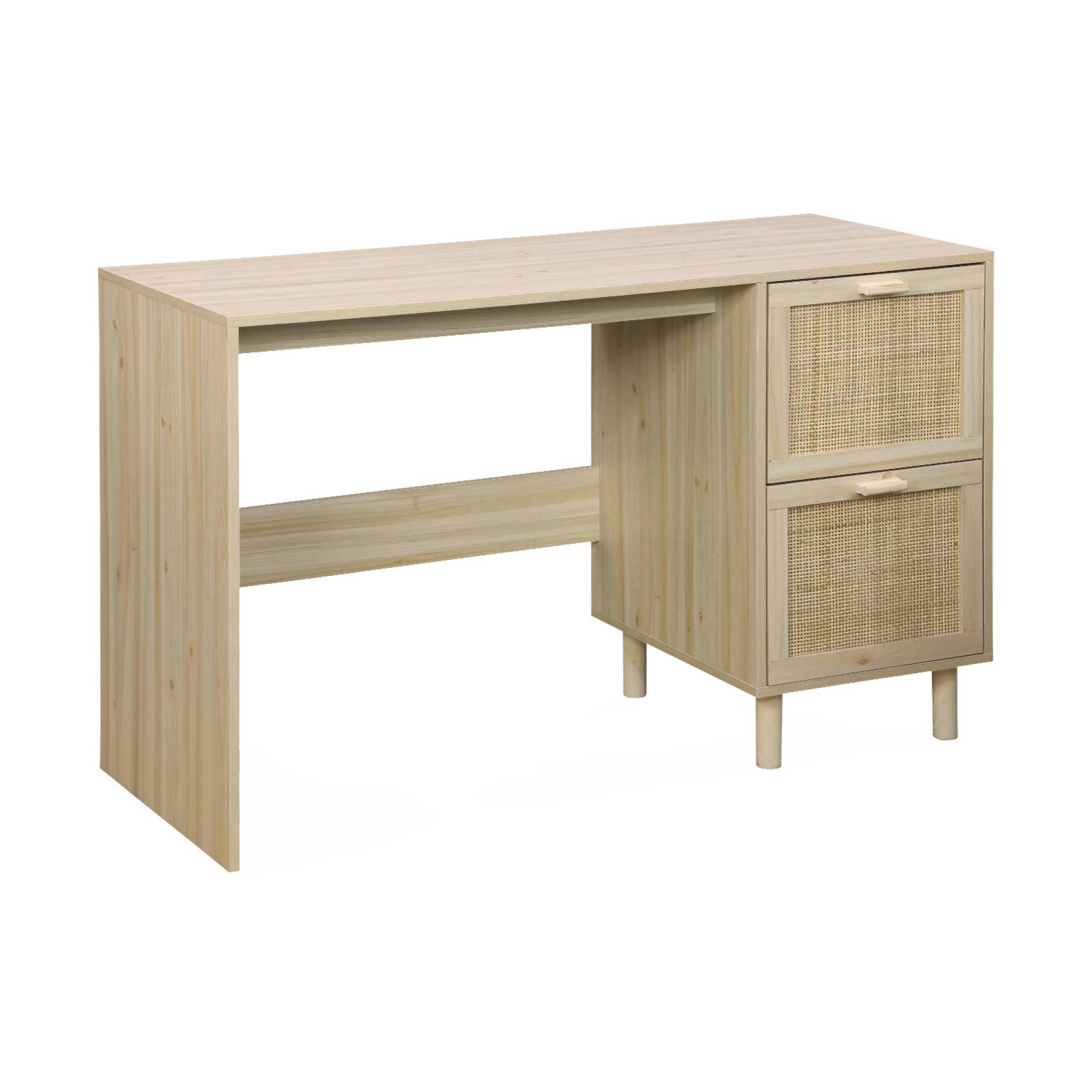 CAMARGUE - Bureau décor bois et cannage, 120cm, 2 tiroirs