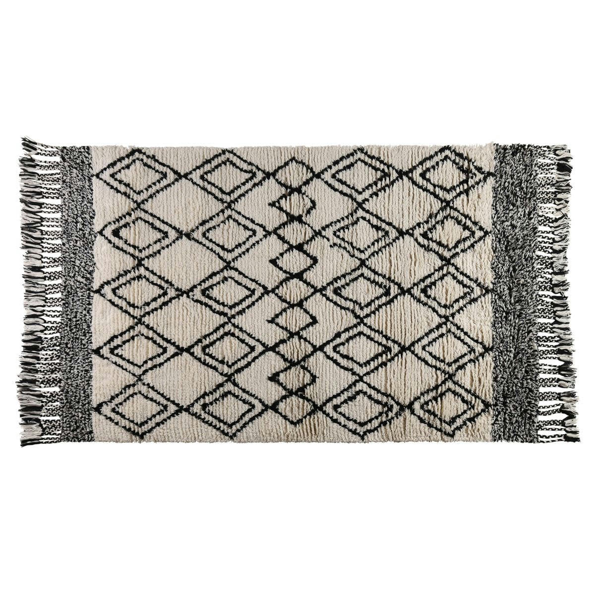 LOZI - Tapis berbère en laine noir et blanc à franges 200 x 300 cm