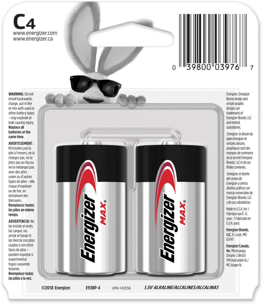 Energizer Max4-pk C Alkaline Batteries, Long Lasting, All Purpose