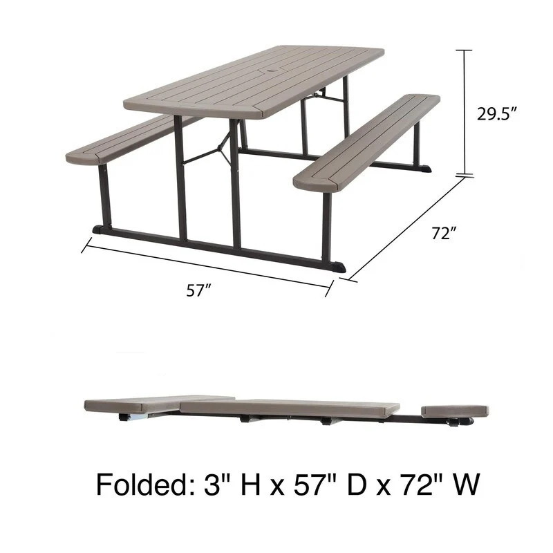 6ft Folding Picnic Table, One Piece is Grill Table, Taupe Wood Grain with Brown Legs for Outdoor Use - 57D x 72W x 29H