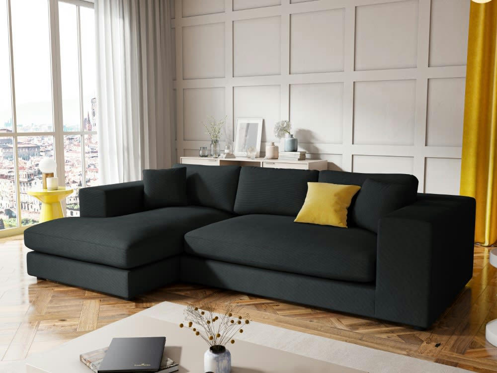 TENDANCE - Canapé d'angle 5 places en tissu structuré noir