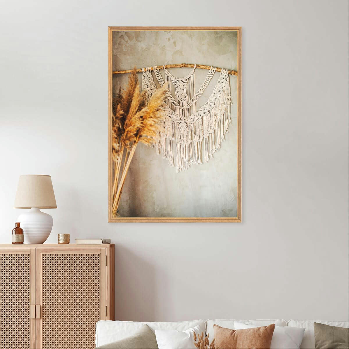 CHARME ROMANTIQUE - Tableau mural mat encadré pampa & macrame 65x97 cm