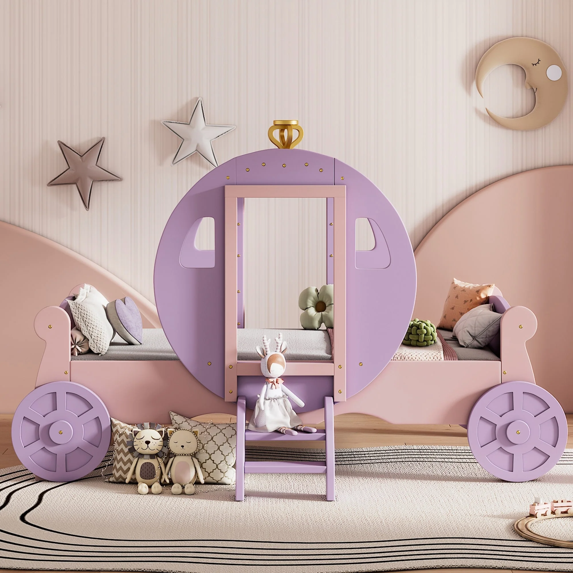 Twin Wood Princess Carriage Bed with Ladder