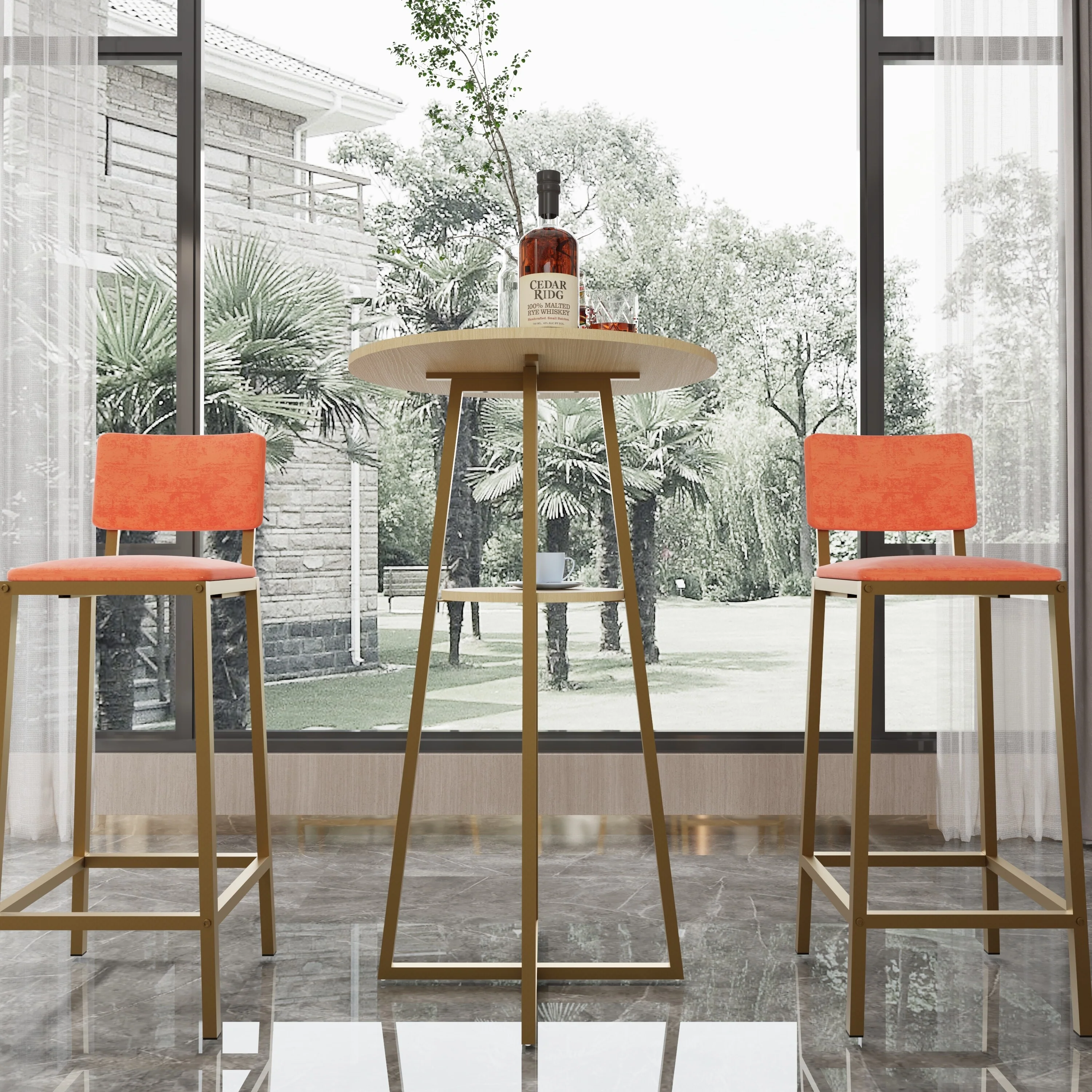 Bar table and chairs three piece set, frame, sponge made seat cushions and backrests, bar table with storage function