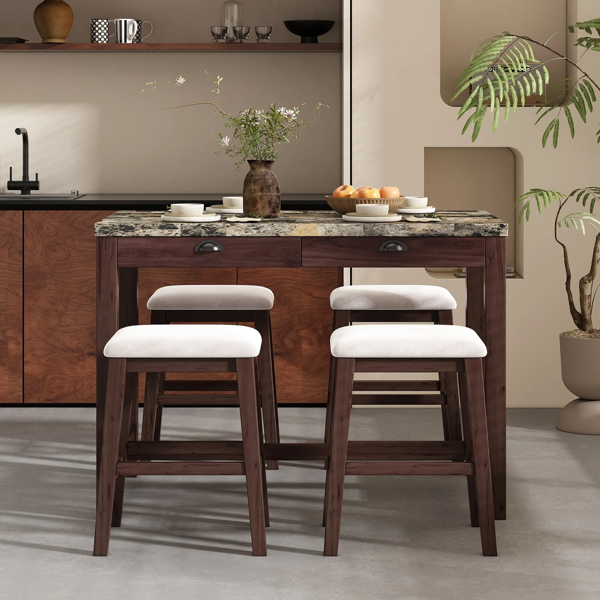 Modern Style Faux Marble Versatile Bar Table Set with Storage Drawers and Padded Stools