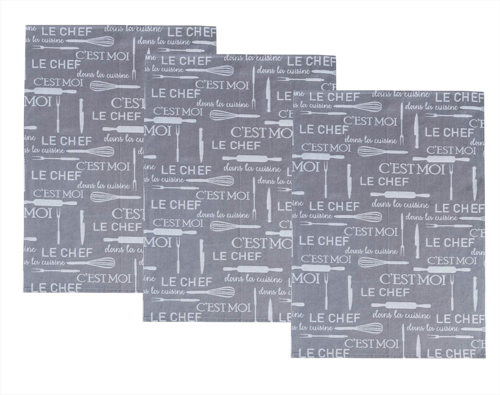 KITCHENCHEF - Lot de 3 torchons 50x70 gris en coton 230 g/m²