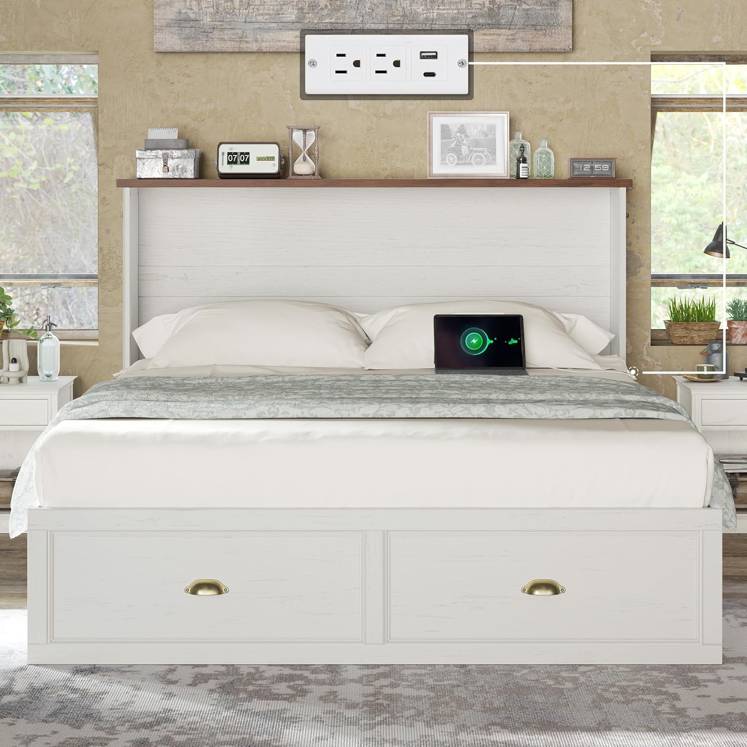 AMERLIFE Queen Size Murphy Bed, Farmhouse Wooden Cabinet with Charging Station and Storage Drawer for Bedroom/Office/Guest Room, White+Barnwood