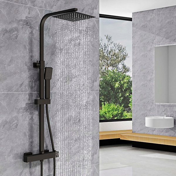 AICA Colonne de douche thermostatique avec pomme de tête, Carré, douchette et flexible,noir mat