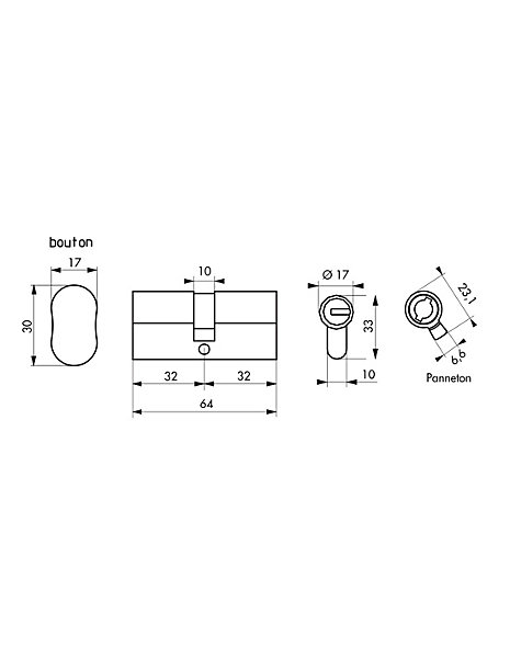 Cylindre de serrure à bouton Federal S, 30Bx30mm, nickel, anti-arrachement, anti-perçage, 5 clés - THIRARD