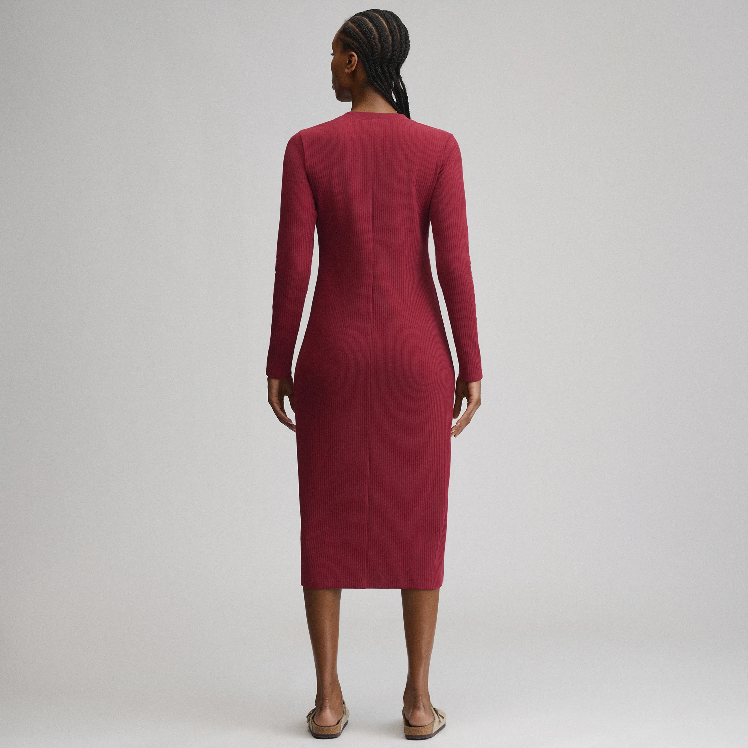 Women's Long-Sleeve Button Front Ribbed Knit Midi Dress