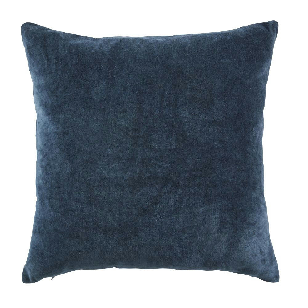ROGGIA - Coussin en velours de coton bleu marine motif floral brodé multicolore 50x30