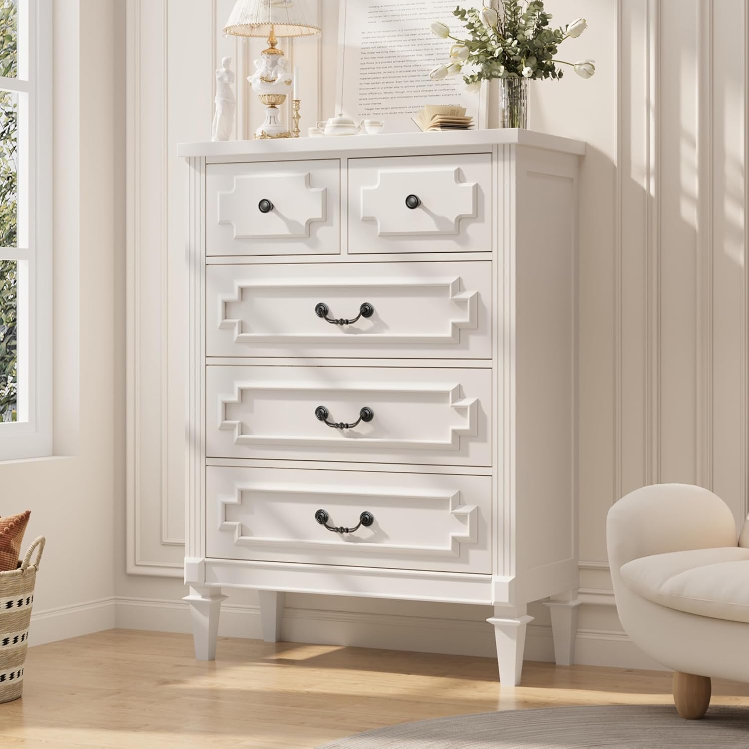5 Drawer Dresser for Bedroom, 44 Tall Dresser & Chest of Drawers wtih Vintage Surface, Closet Storage Cabinet for Living Room, Hallway, White
