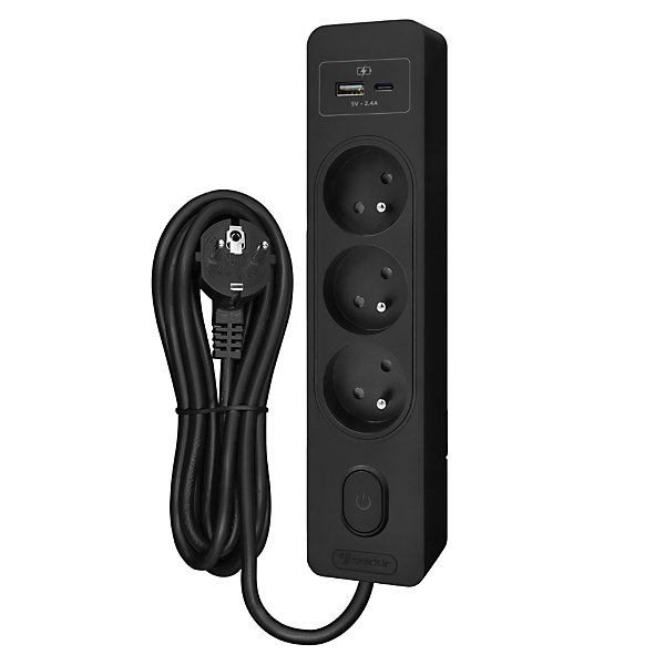 Multiprise SELDUR G3FU22S, 3 prises type E   interrupteur, USB A C charge standard 12W, Noir, câble 2m