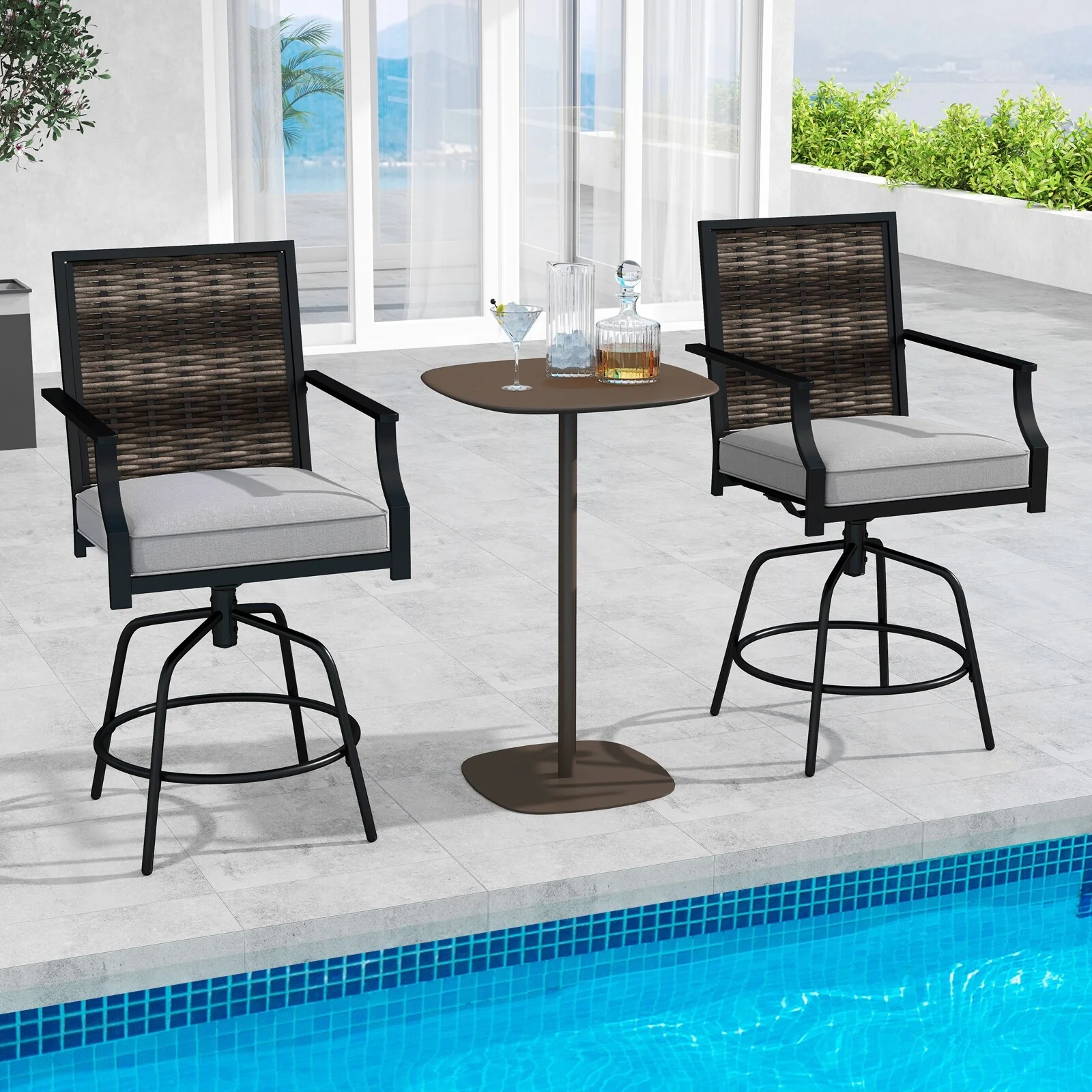 Outdoor Wicker Swivel Bar Stools Set of 2 Patio Chairs with Cushions - 25 x 24 x 45