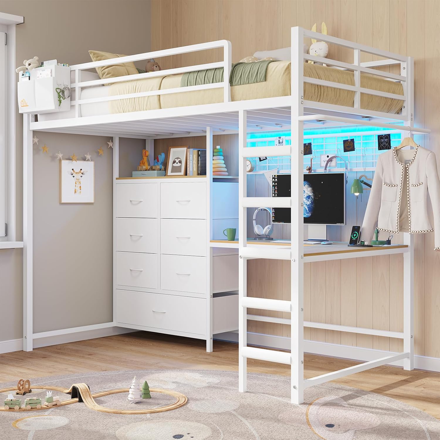 DICTAC Twin Size Loft Bed with L-Shaped Desk and 7 Storage Drawers,Metal Twin Loft Bed for Kids with LED Lights and Charging Station,13.11 H Safety Guardrail and Ladder,No Box Spring Needed, White