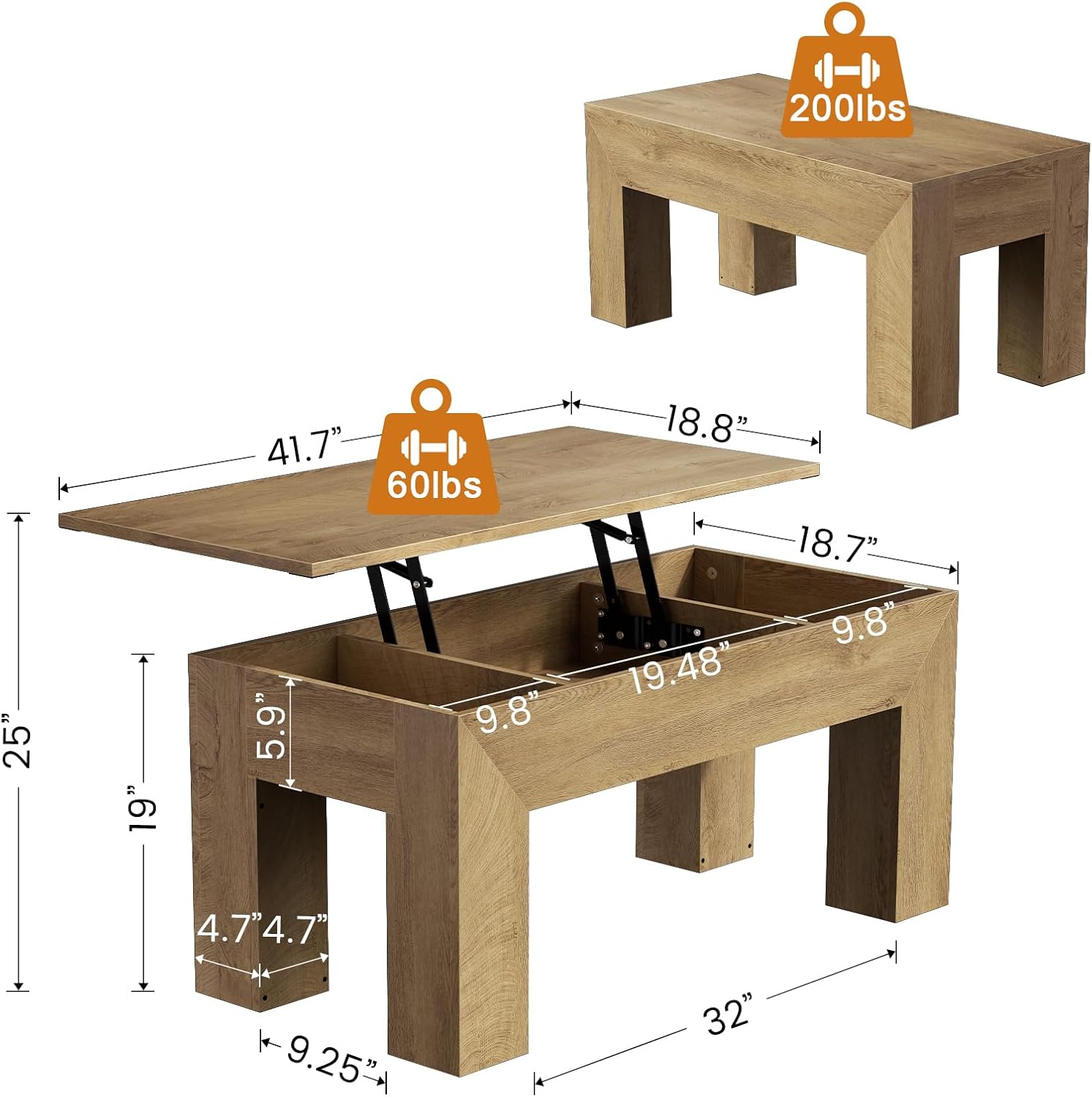 FABATO 41.7'' Lift Top Coffee Table, Wooden Rectangle Coffee Table with Hidden Storage, Large Center Table Adjustable Height Sofa Table for Living Room Office Apartment, Wood