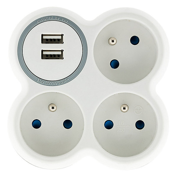 Multiprise triplite 16A   2 ports USB - Zenitech