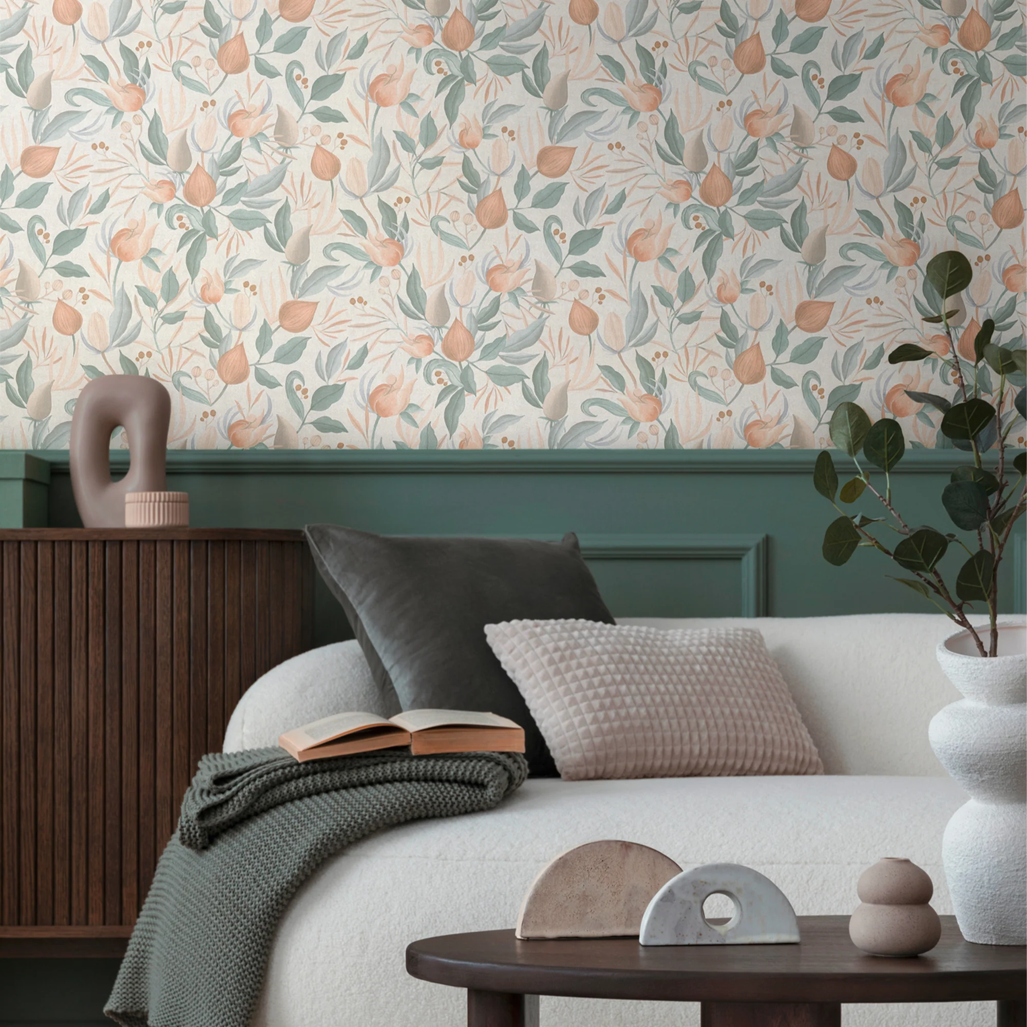 CosmoLiving Papier peint intissé STILL BLOOM vert de gris et rose orangé