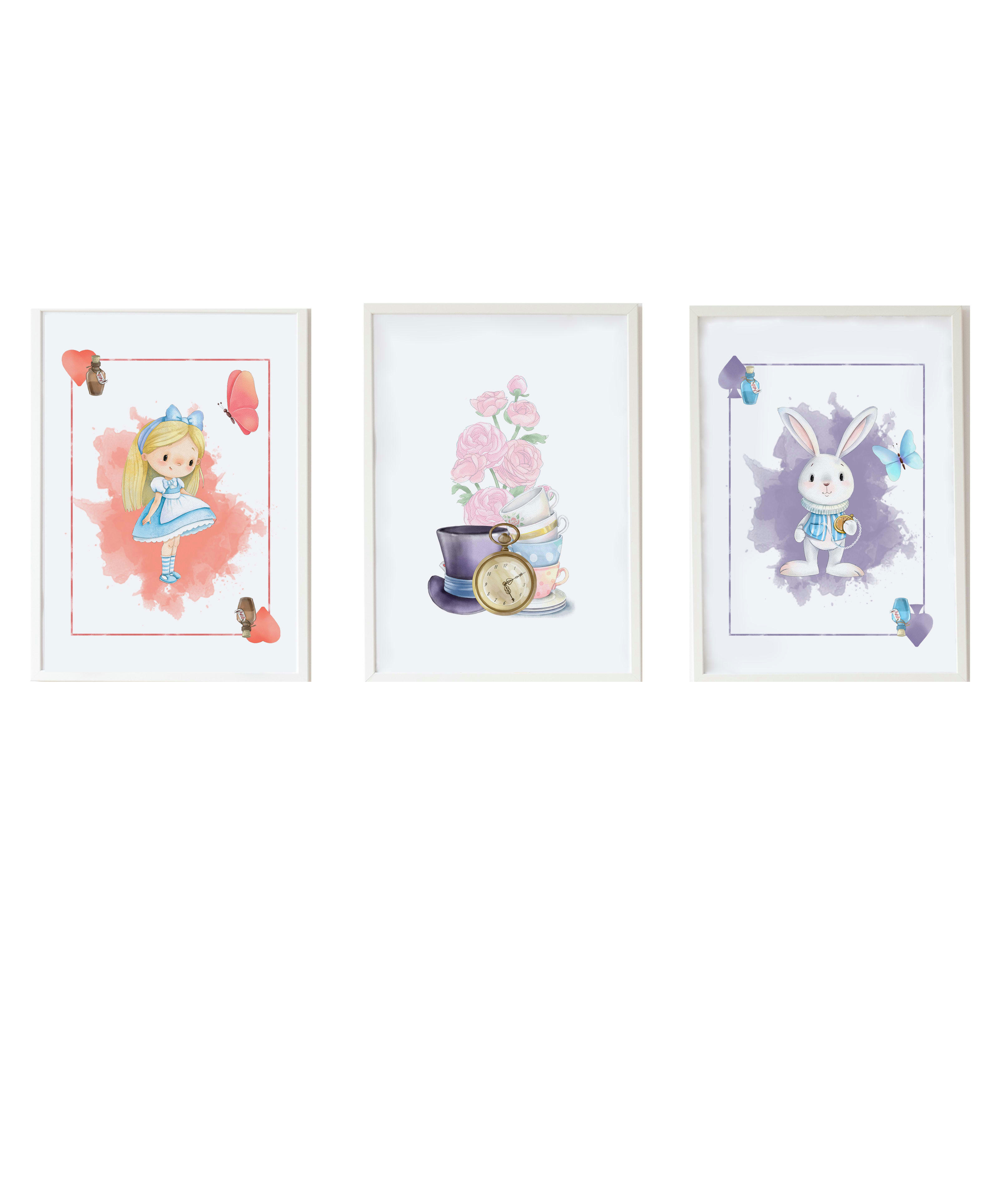 DECOWALL - Pack encadré bois blanc impression lapin Alice lettre fleurs 43X33 cm