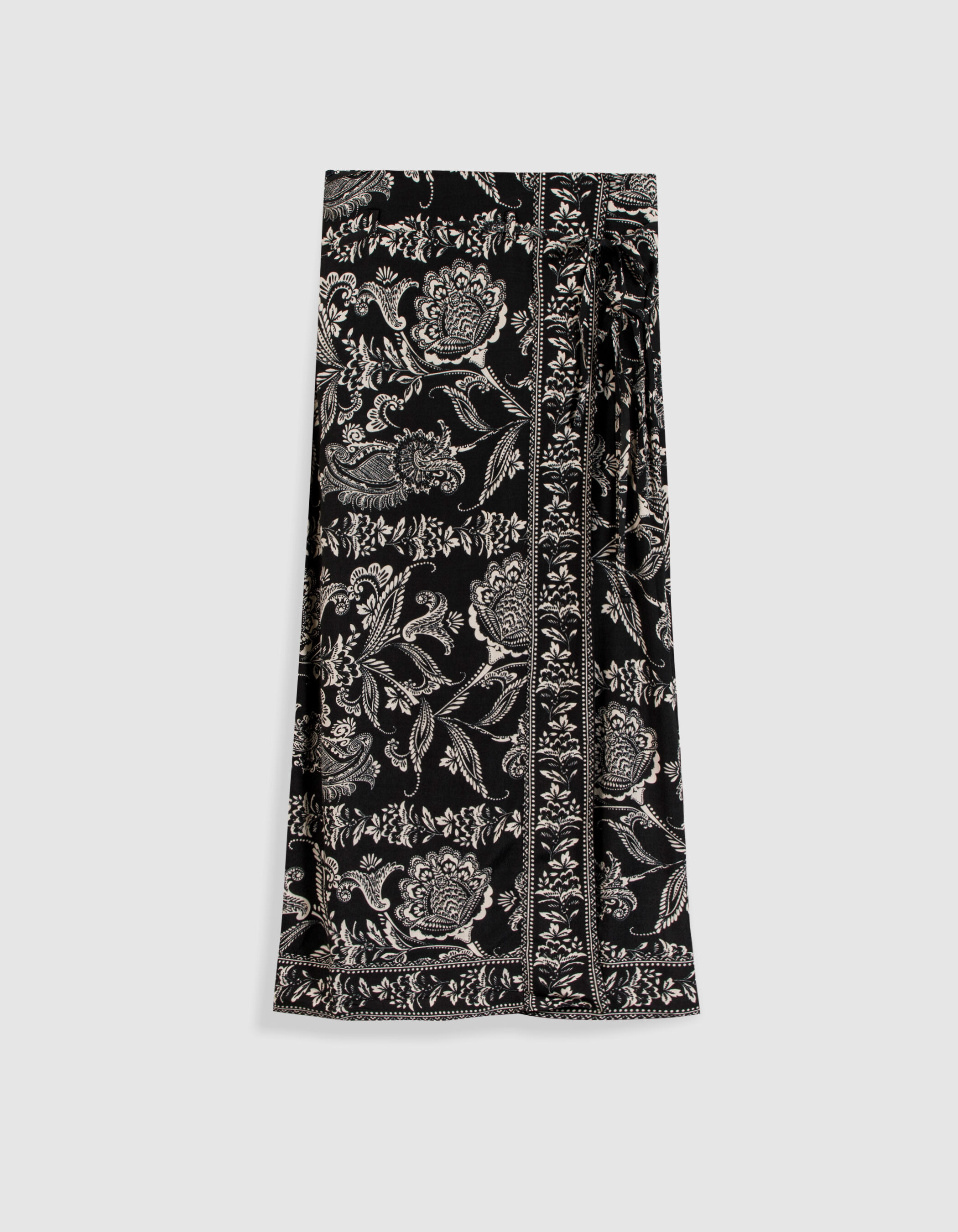 Jupe midi portefeuille noire imprimé floral baroque Femme