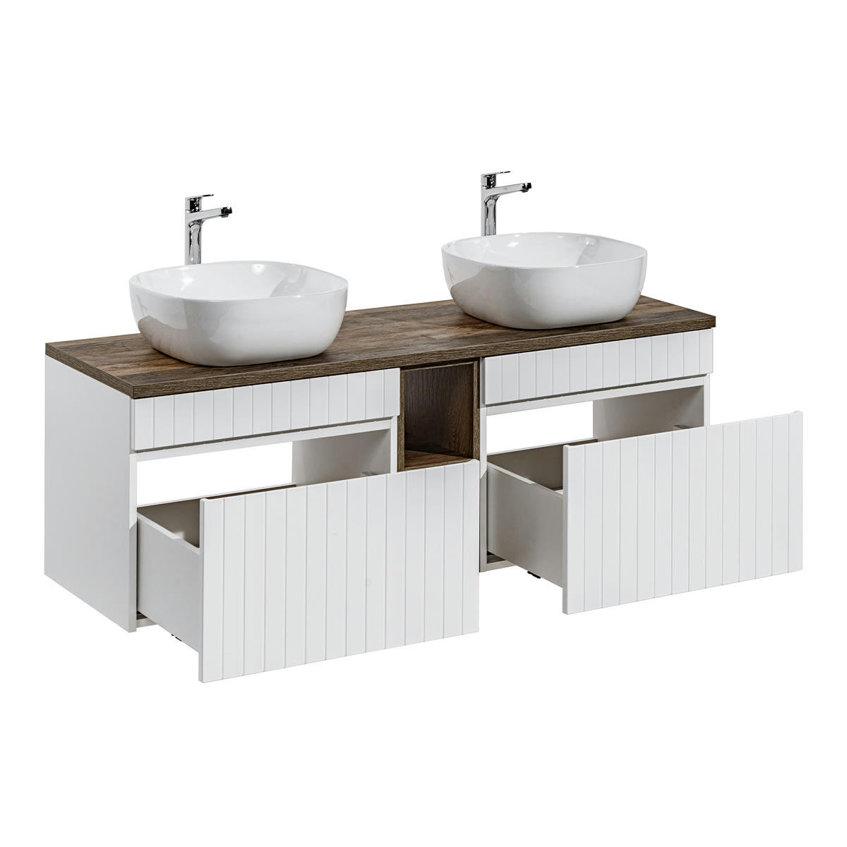 - Meuble double vasque 140cm 2 niches blanc et naturel
