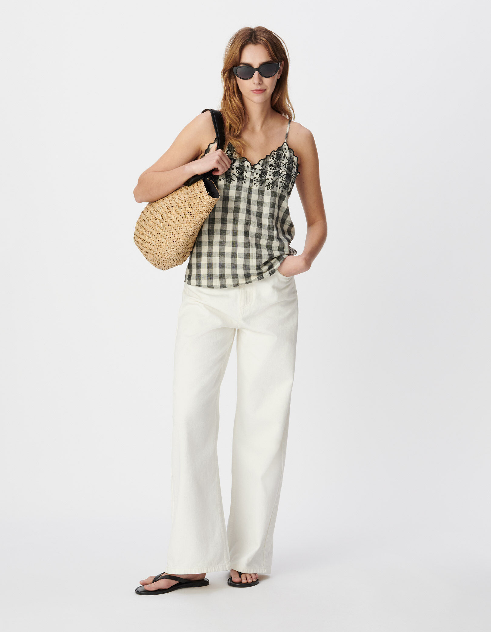 Top fines bretelles écru motif vichy et broderies Femme