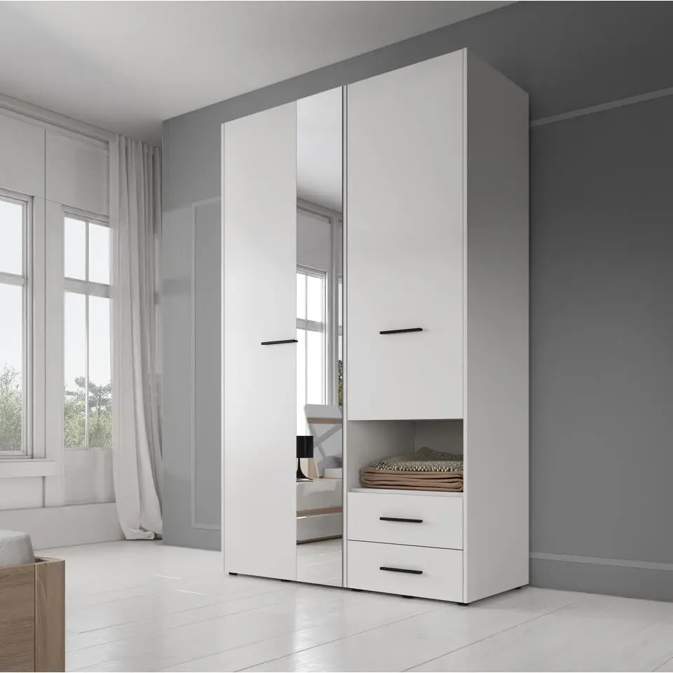 Meubella - Kledingkast Laura - Wit - 128 cm - Met spiegel