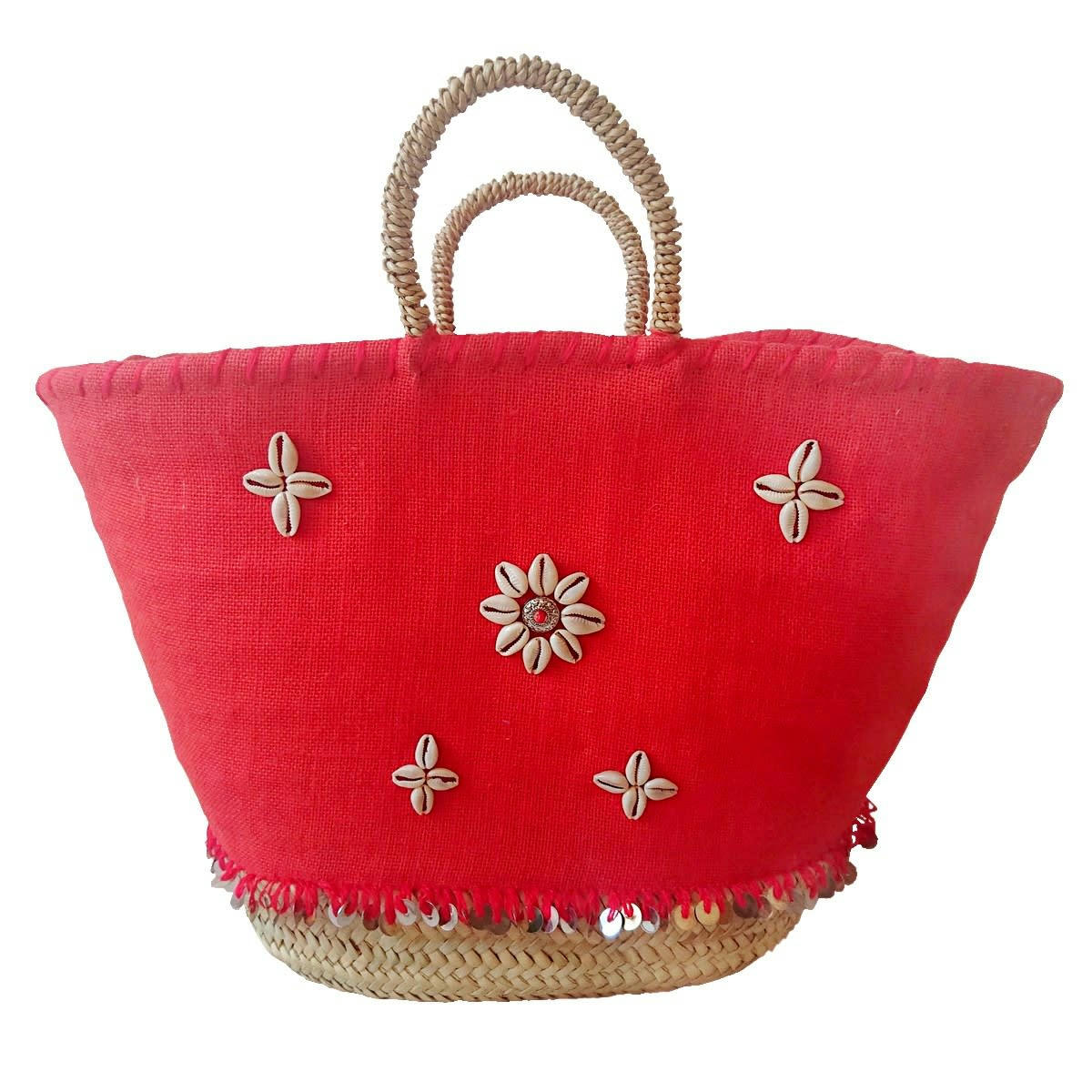 NORA - Sac de plage en palmier et toile, rouge