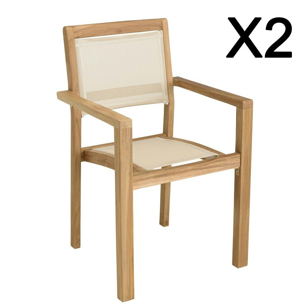 Lot de 2 fauteuils empilables teck et textilène couleur beige ALERIA