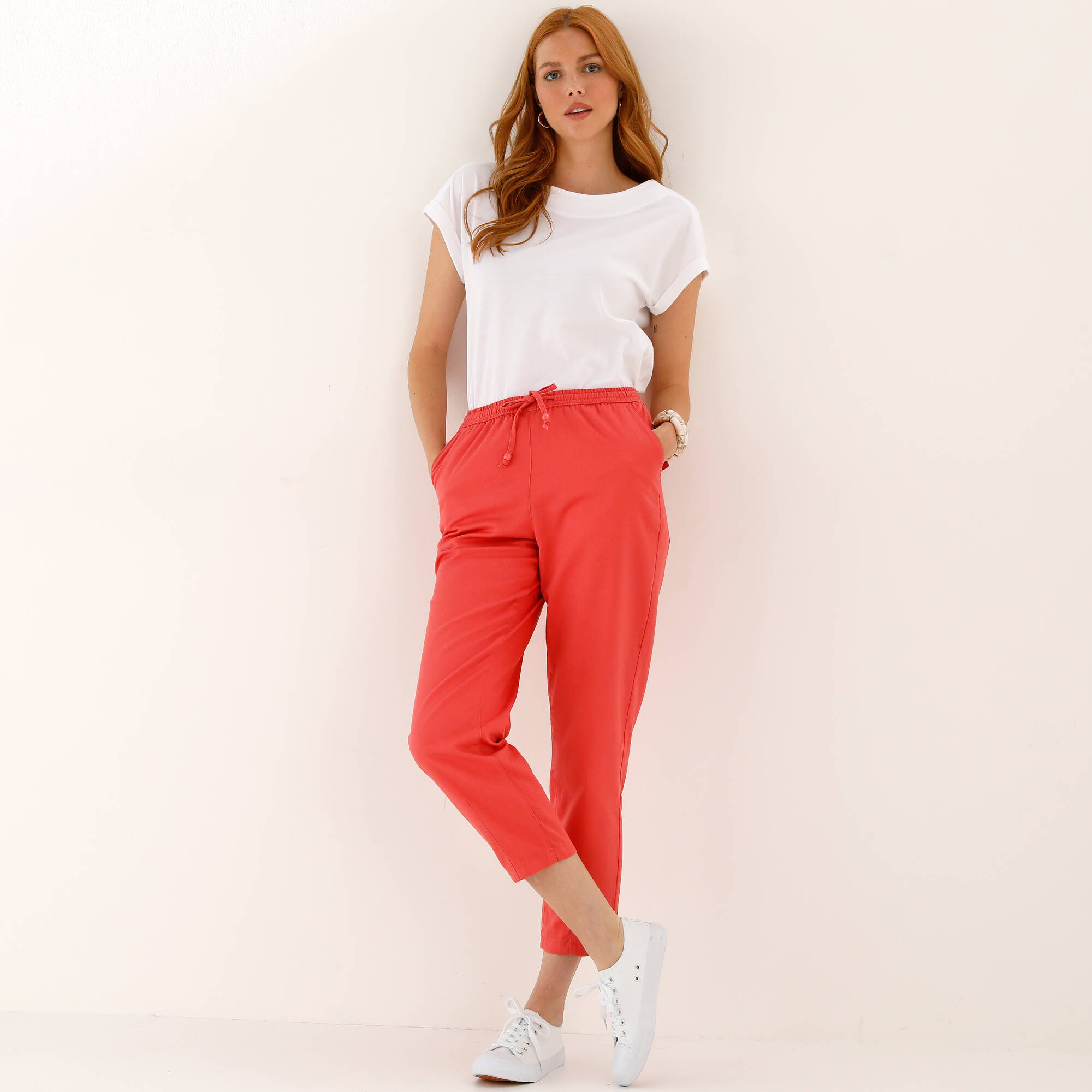 Pantalon mom 7/8ème uni, coton