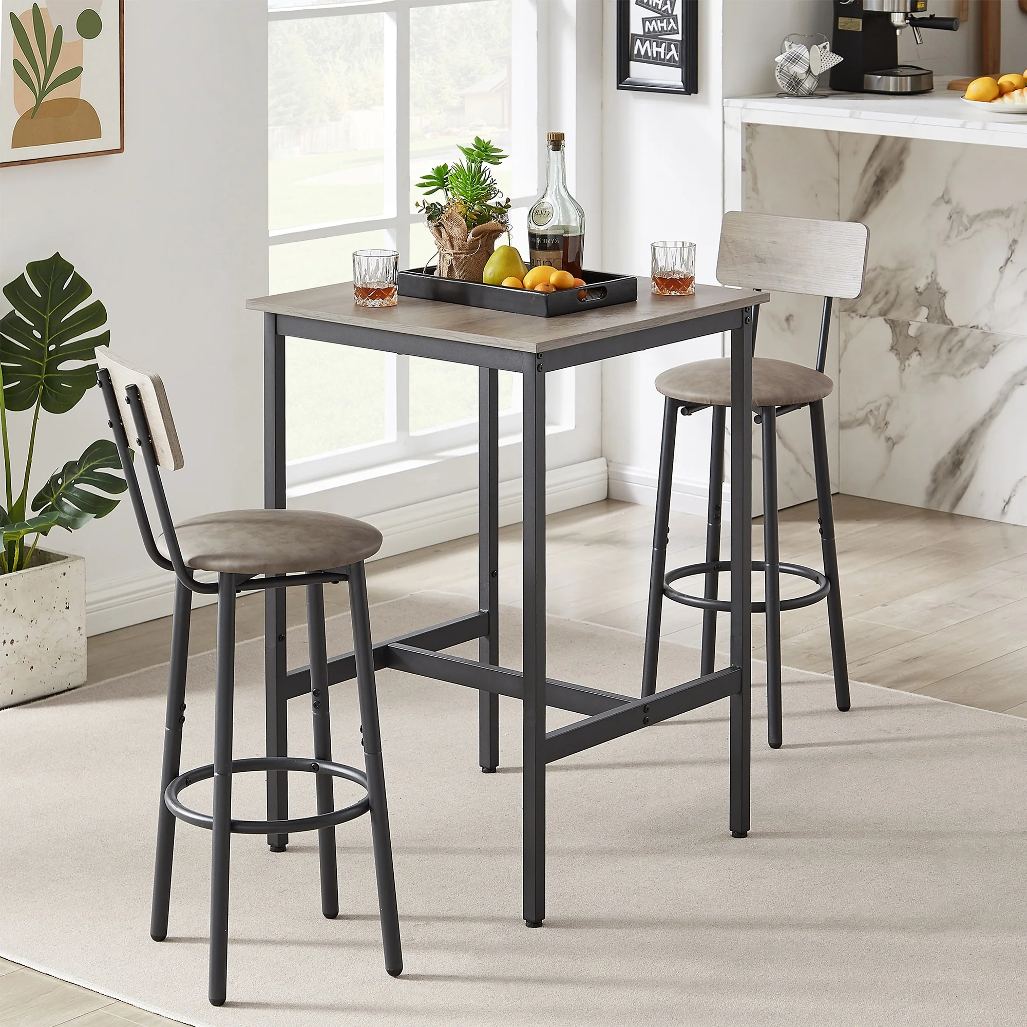 Mieres Industrial Style Rustic Farmhouse 3 Pieces Dining Table Set, Bar Table Set with 2 Bar Stools for Kitchen, Dining Room