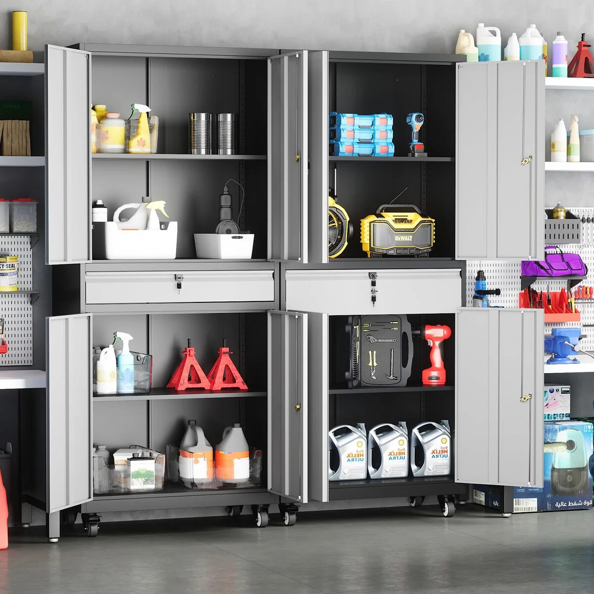 Steel Garage Storage Cabinet Rolling Tool Storage Cabinet with Adjustable Shelves - N/A