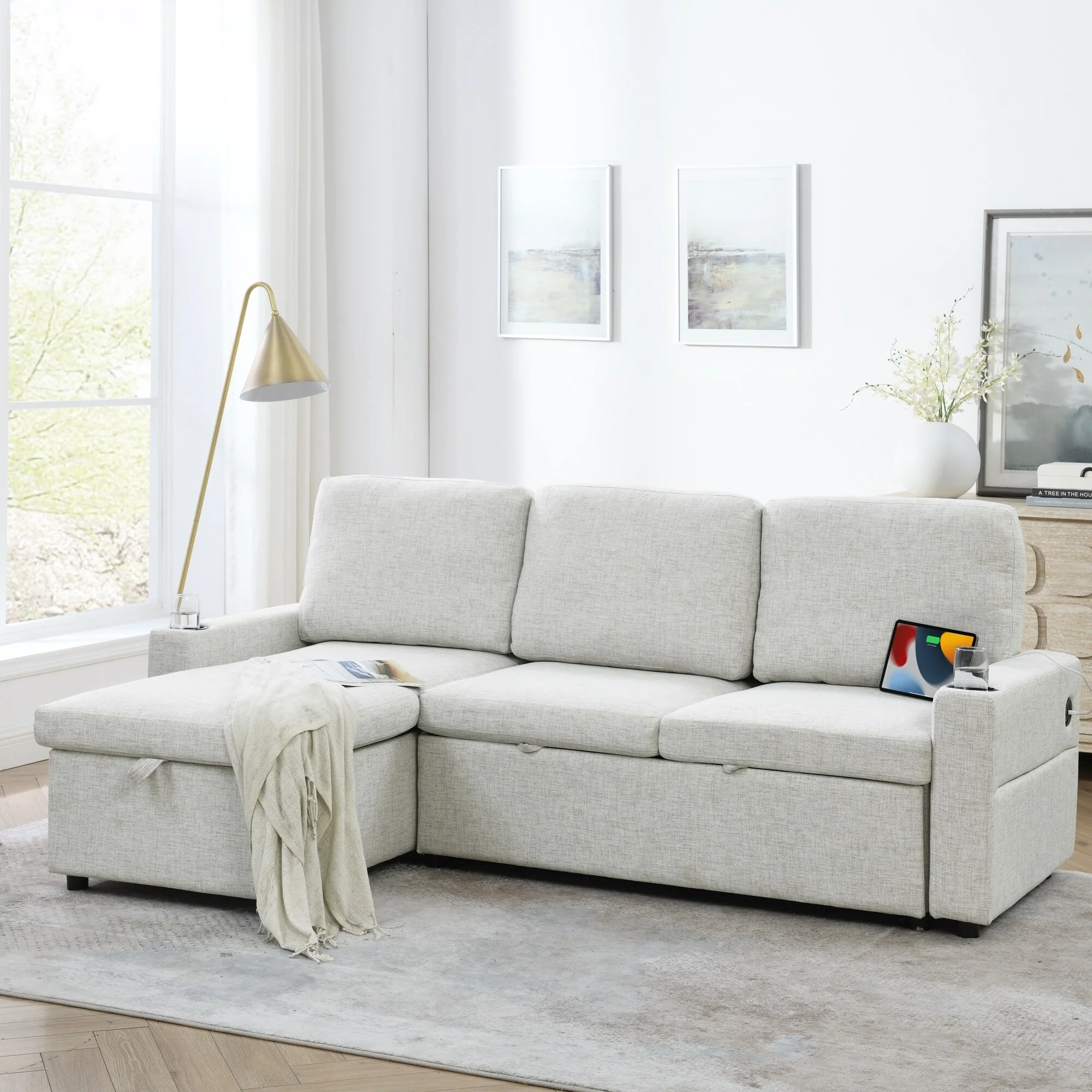 Upholstered Sleeper Sectional Sofa,L Shaped Modular Convertible Sofa with Storage Chaise,Side Armrests,Pull Out Sleep Couch Bed