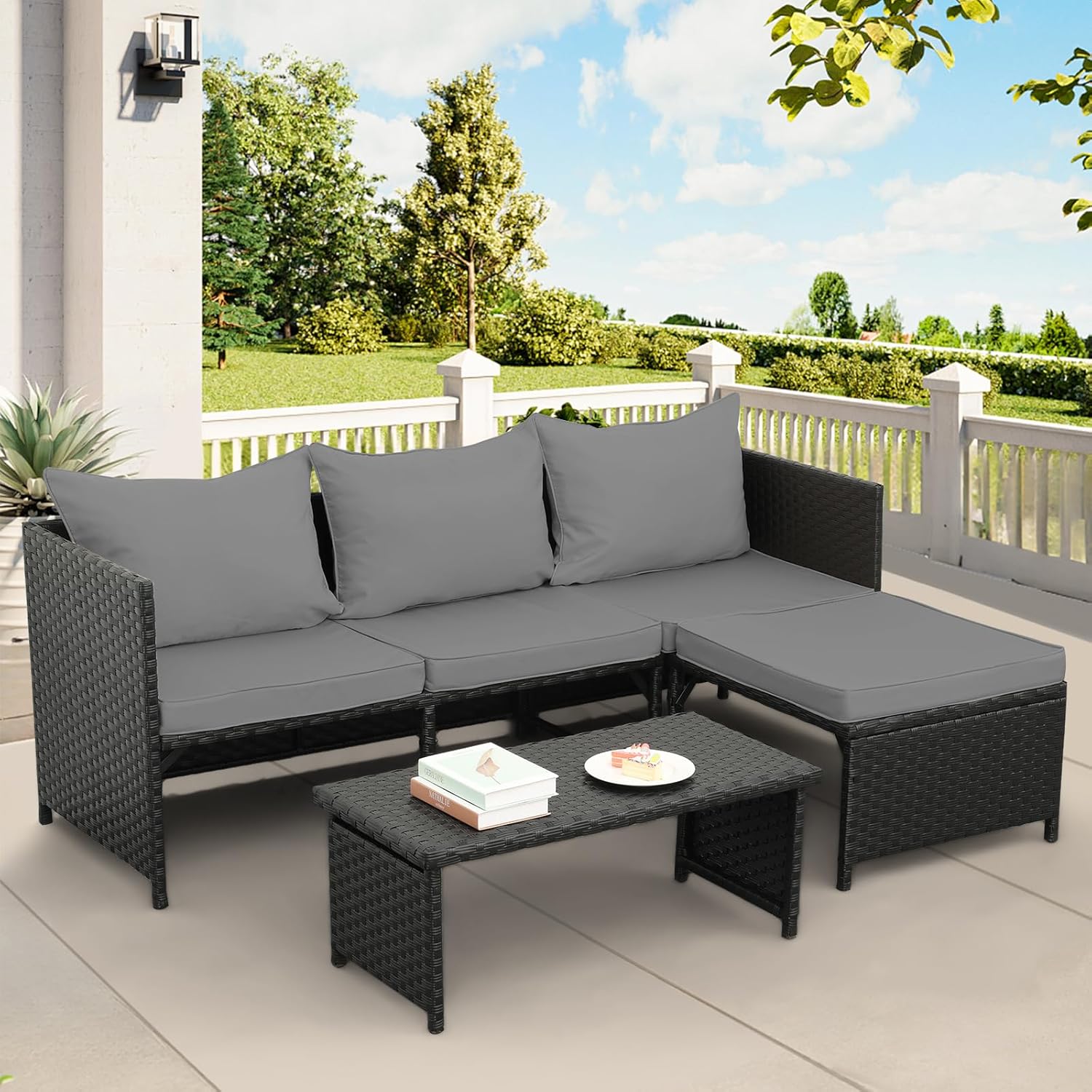 Valita 3-Piece Outdoor PE Rattan Furniture Set Patio Black Wicker Conversation Loveseat Sofa Sectional Couch Gray Cushion